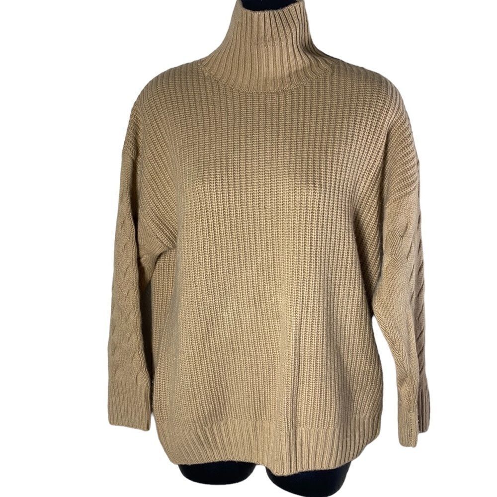 Gentle herd tan knit turtleneck sweater cashmere wool cable knit sleeve